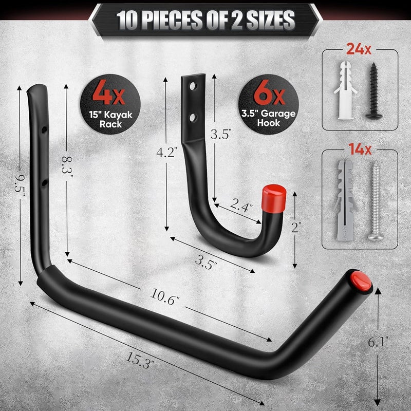 Nacial 10 Pack Garage Hooks Heavy Duty, 15" & 3.5" Kayak Storage Hooks with EVA Pads, 100LBS Capacity Large Garage Hooks for Hanging Bikes, Kayak Folding Chairs and Hanging Ladders - Image 2